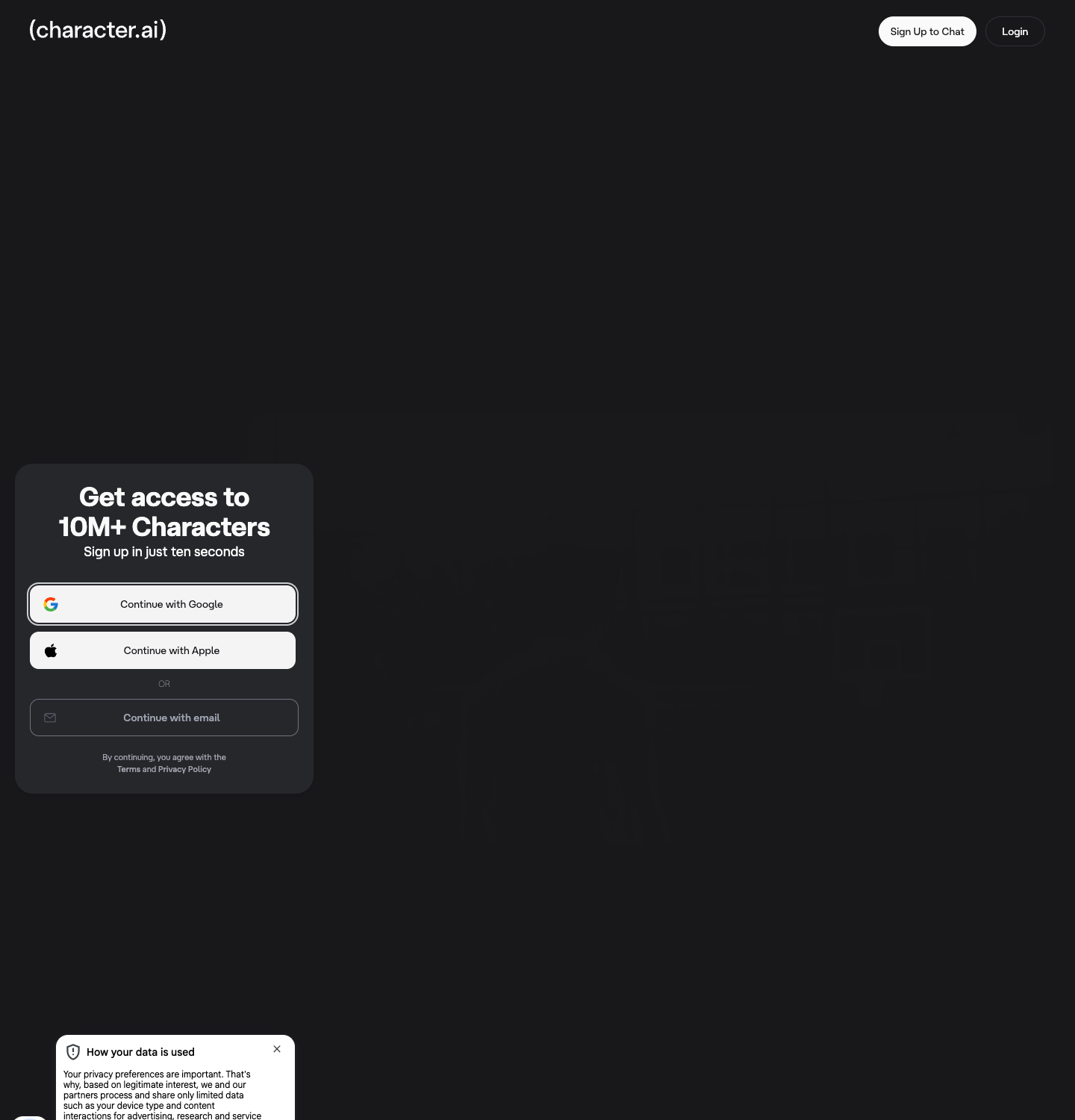 Character.AI homepage with its cookie-consent modal, July 2026