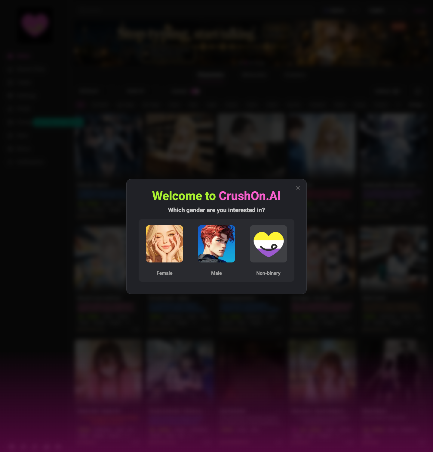 CrushOn AI homepage shown in a browser frame, captured July 2026