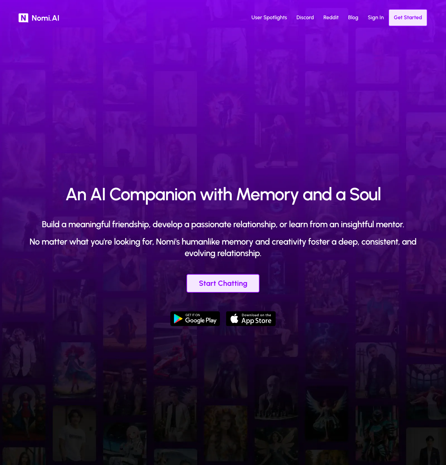 Nomi AI homepage shown in a browser frame, captured July 2026
